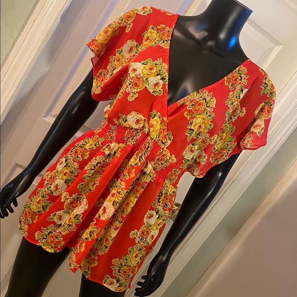 Forever 21 Tops - Forever 21 Red Floral Print Sheer Top